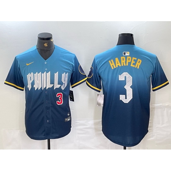 Men Philadelphia Phillies 3 Bryce Harper Blue 2024 City Connect Limited Stitched Jersey 6 Men Philadelphia Phillies 3 Bryce Harper Blue 2024 City Connect Limited Stitched Jersey 6