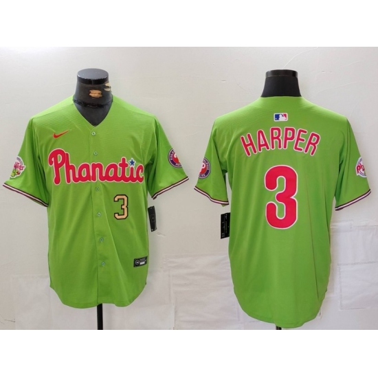 Men Philadelphia Phillies 3 Bryce Harper Green With Patch Stitched Jersey 1 Men Philadelphia Phillies 3 Bryce Harper Green With Patch Stitched Jersey 1