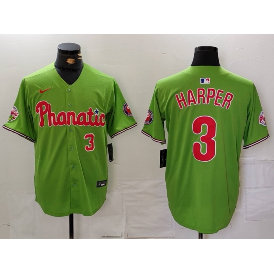 Men Philadelphia Phillies 3 Bryce Harper Green With Patch Stitched Jersey 2 Men Philadelphia Phillies 3 Bryce Harper Green With Patch Stitched Jersey 2