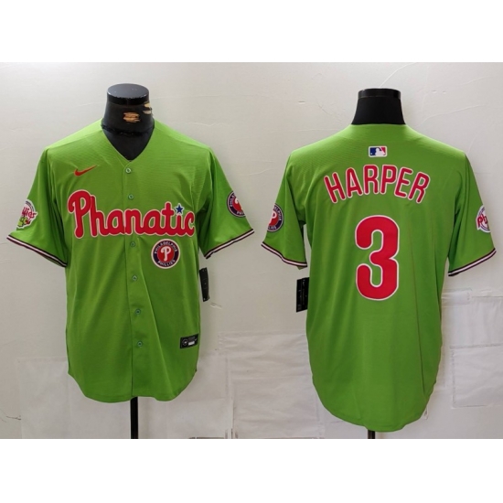 Men Philadelphia Phillies 3 Bryce Harper Green With Patch Stitched Jersey 3 Men Philadelphia Phillies 3 Bryce Harper Green With Patch Stitched Jersey 3