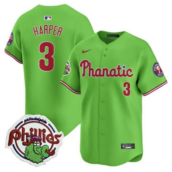 Men Philadelphia Phillies 3 Bryce Harper Green With Patch Stitched Jersey Men Philadelphia Phillies 3 Bryce Harper Green With Patch Stitched Jersey