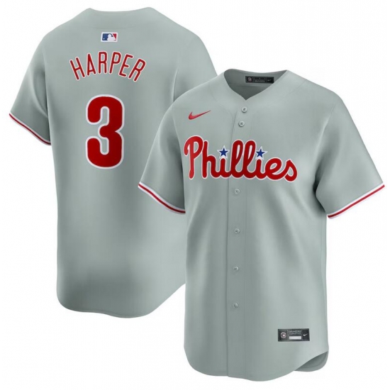 Men Philadelphia Phillies 3 Bryce Harper Grey Away Limited Stitched Jersey Men Philadelphia Phillies 3 Bryce Harper Grey Away Limited Stitched Jersey