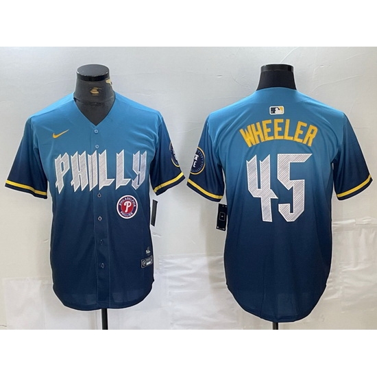 Men Philadelphia Phillies 45 Zack Wheeler Blue 2024 City Connect Limited Stitched Baseball Jersey 3 Men Philadelphia Phillies 45 Zack Wheeler Blue 2024 City Connect Limited Stitched Baseball Jersey 3