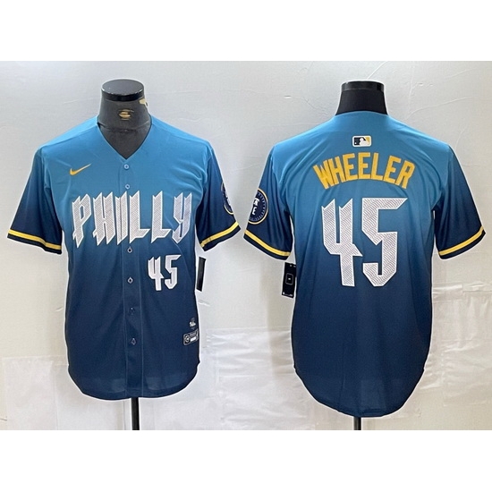 Men Philadelphia Phillies 45 Zack Wheeler Blue 2024 City Connect Limited Stitched Baseball Jersey 4 Men Philadelphia Phillies 45 Zack Wheeler Blue 2024 City Connect Limited Stitched Baseball Jersey 4