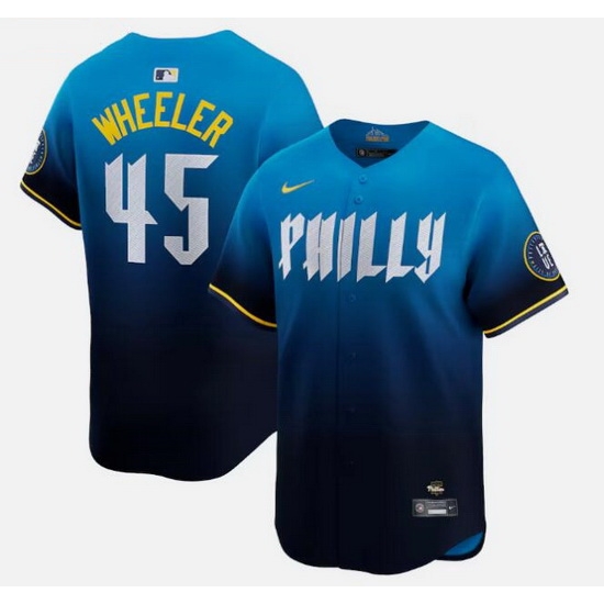 Men Philadelphia Phillies 45 Zack Wheeler Blue 2024 City Connect Limited Stitched Jersey Men Philadelphia Phillies 45 Zack Wheeler Blue 2024 City Connect Limited Stitched Jersey