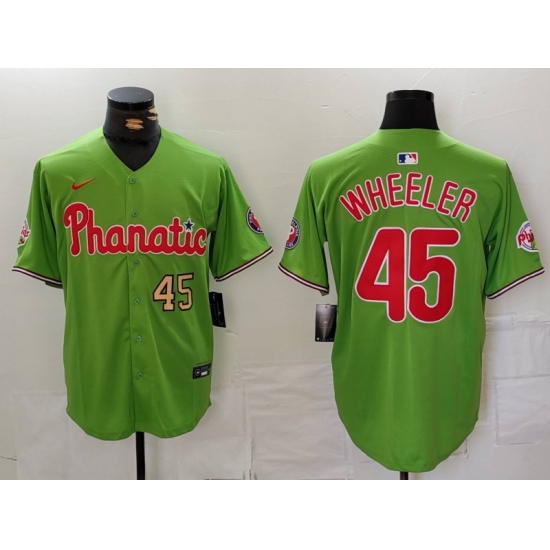 Men Philadelphia Phillies 45 Zack Wheeler Green With Patch Stitched Jersey 1 Men Philadelphia Phillies 45 Zack Wheeler Green With Patch Stitched Jersey 1