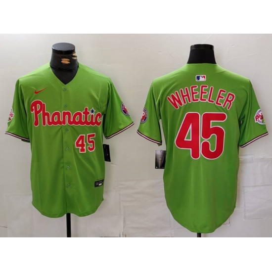 Men Philadelphia Phillies 45 Zack Wheeler Green With Patch Stitched Jersey 3 Men Philadelphia Phillies 45 Zack Wheeler Green With Patch Stitched Jersey 3