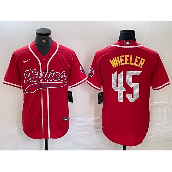 Men Philadelphia Phillies 45 Zack Wheeler Red 2024 City Connect Limited Stitched Baseball Jersey 3 Men Philadelphia Phillies 45 Zack Wheeler Red 2024 City Connect Limited Stitched Baseball Jersey 3