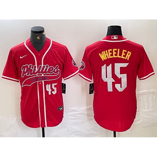 Men Philadelphia Phillies 45 Zack Wheeler Red 2024 City Connect Limited Stitched Baseball Jersey 5 Men Philadelphia Phillies 45 Zack Wheeler Red 2024 City Connect Limited Stitched Baseball Jersey 5