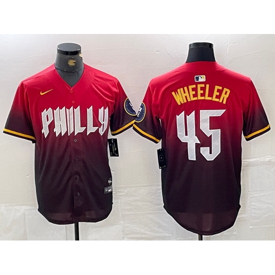 Men Philadelphia Phillies 45 Zack Wheeler Red 2024 City Connect Limited Stitched Jersey 1 Men Philadelphia Phillies 45 Zack Wheeler Red 2024 City Connect Limited Stitched Jersey 1