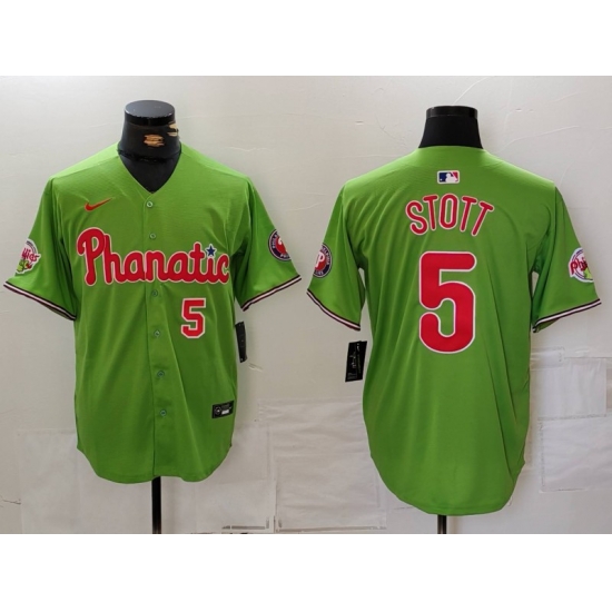 Men Philadelphia Phillies 5 Bryson Stott Green With Patch Stitched Jersey 2 Men Philadelphia Phillies 5 Bryson Stott Green With Patch Stitched Jersey 2