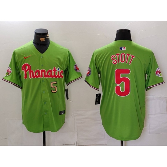 Men Philadelphia Phillies 5 Bryson Stott Green With Patch Stitched Jersey 3 Men Philadelphia Phillies 5 Bryson Stott Green With Patch Stitched Jersey 3