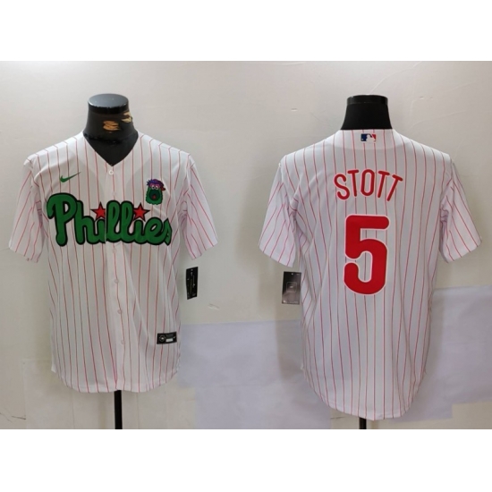 Men Philadelphia Phillies 5 Bryson Stott White Green Cool Base Stitched Jersey 8 Men Philadelphia Phillies 5 Bryson Stott White Green Cool Base Stitched Jersey 8