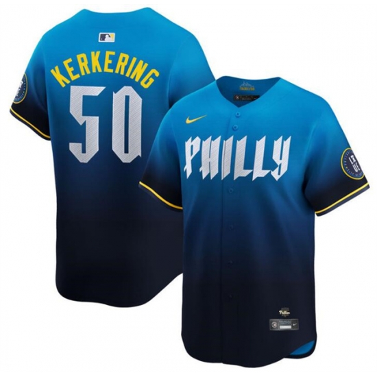 Men Philadelphia Phillies 50 Orion Kerkering Blue 2024 City Connect Limited Stitched Jersey Men Philadelphia Phillies 50 Orion Kerkering Blue 2024 City Connect Limited Stitched Jersey