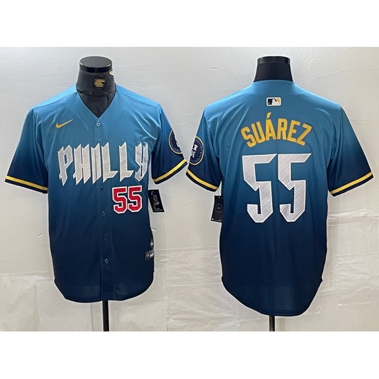Men Philadelphia Phillies 55 Ranger Suarez Blue 2024 City Connect Limited Stitched Jersey 4 Men Philadelphia Phillies 55 Ranger Suarez Blue 2024 City Connect Limited Stitched Jersey 4