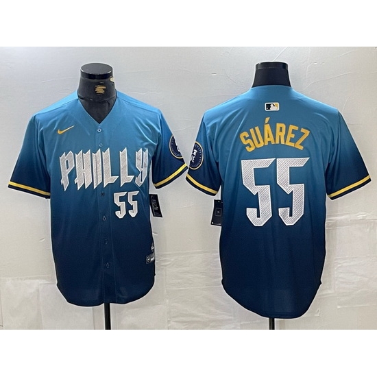 Men Philadelphia Phillies 55 Ranger Suarez Blue 2024 City Connect Limited Stitched Jersey 6 Men Philadelphia Phillies 55 Ranger Suarez Blue 2024 City Connect Limited Stitched Jersey 6