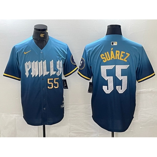 Men Philadelphia Phillies 55 Ranger Suarez Blue 2024 City Connect Limited Stitched Jersey 7 Men Philadelphia Phillies 55 Ranger Suarez Blue 2024 City Connect Limited Stitched Jersey 7