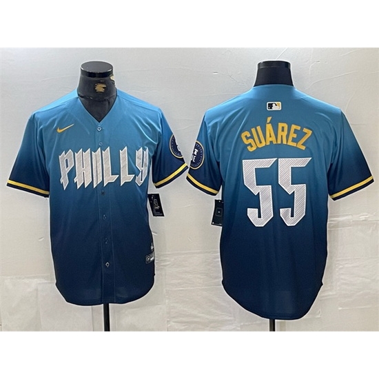 Men Philadelphia Phillies 55 Ranger Suarez Blue 2024 City Connect Limited Stitched Jersey Men Philadelphia Phillies 55 Ranger Suarez Blue 2024 City Connect Limited Stitched Jersey