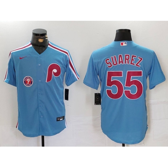 Men Philadelphia Phillies 55 Ranger Suarez Blue Cool Base Stitched Jersey 1 Men Philadelphia Phillies 55 Ranger Suarez Blue Cool Base Stitched Jersey 1