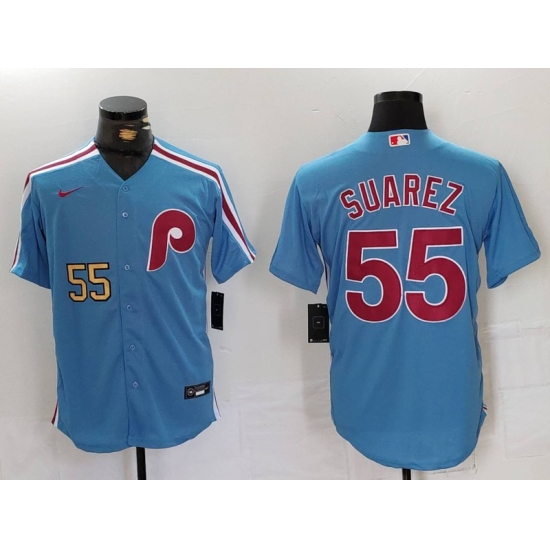 Men Philadelphia Phillies 55 Ranger Suarez Blue Cool Base Stitched Jersey 2 Men Philadelphia Phillies 55 Ranger Suarez Blue Cool Base Stitched Jersey 2
