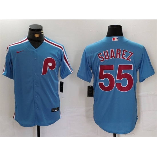 Men Philadelphia Phillies 55 Ranger Suarez Blue Cool Base Stitched Jersey Men Philadelphia Phillies 55 Ranger Suarez Blue Cool Base Stitched Jersey
