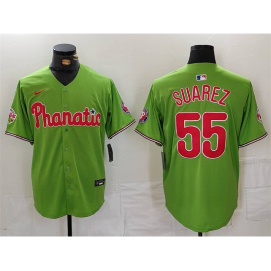 Men Philadelphia Phillies 55 Ranger Suarez Green With Patch Stitched Jersey Men Philadelphia Phillies 55 Ranger Suarez Green With Patch Stitched Jersey