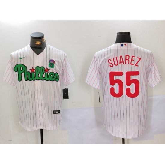 Men Philadelphia Phillies 55 Ranger Suarez White Green Cool Base Stitched Jersey 2 Men Philadelphia Phillies 55 Ranger Suarez White Green Cool Base Stitched Jersey 2