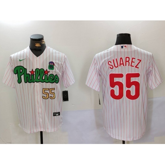 Men Philadelphia Phillies 55 Ranger Suarez White Green Cool Base Stitched Jersey 3 Men Philadelphia Phillies 55 Ranger Suarez White Green Cool Base Stitched Jersey 3