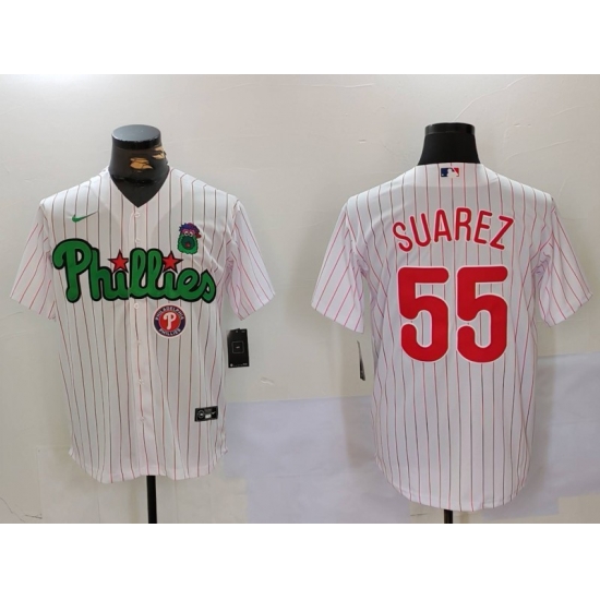 Men Philadelphia Phillies 55 Ranger Suarez White Green Cool Base Stitched Jersey 5 Men Philadelphia Phillies 55 Ranger Suarez White Green Cool Base Stitched Jersey 5