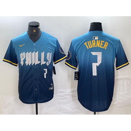 Men Philadelphia Phillies 7 Trea Turner Blue 2024 City Connect Limited Stitched Jersey 3 Men Philadelphia Phillies 7 Trea Turner Blue 2024 City Connect Limited Stitched Jersey 3