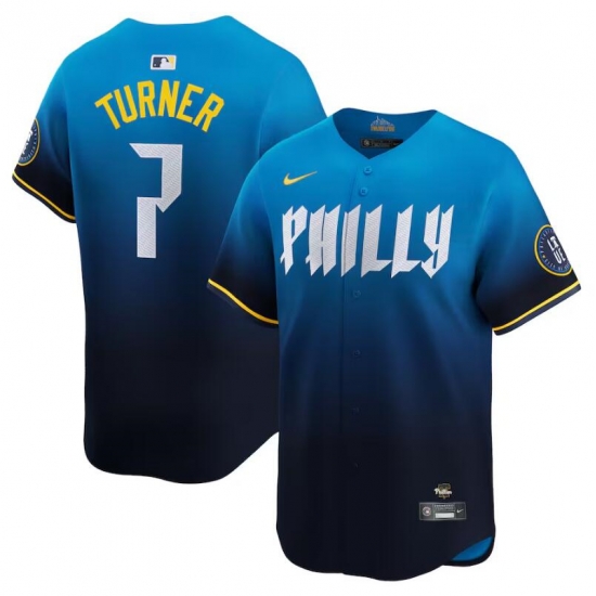 Men Philadelphia Phillies 7 Trea Turner Blue 2024 City Connect Limited Stitched Jersey Men Philadelphia Phillies 7 Trea Turner Blue 2024 City Connect Limited Stitched Jersey
