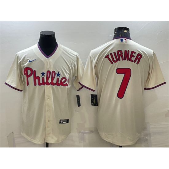 Men Philadelphia Phillies 7 Trea Turner Cream Cool Base Stitched Baseball Jersey Men Philadelphia Phillies 7 Trea Turner Cream Cool Base Stitched Baseball Jersey