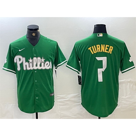 Men Philadelphia Phillies 7 Trea Turner Green 2024 City Connect Stitched Jersey Men Philadelphia Phillies 7 Trea Turner Green 2024 City Connect Stitched Jersey