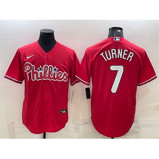 Men Philadelphia Phillies 7 Trea Turner Red Cool Base Stitched Baseball Jersey Men Philadelphia Phillies 7 Trea Turner Red Cool Base Stitched Baseball Jersey