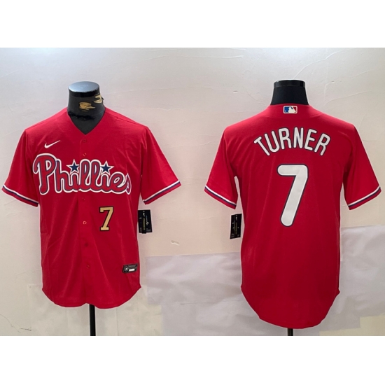 Men Philadelphia Phillies 7 Trea Turner Red Cool Base Stitched Jersey 1 Men Philadelphia Phillies 7 Trea Turner Red Cool Base Stitched Jersey 1