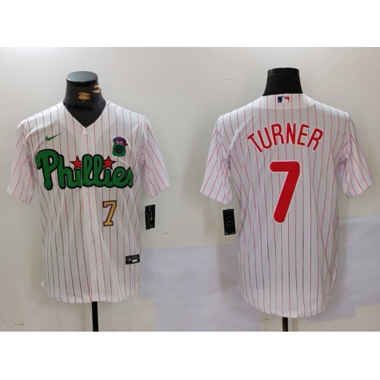 Men Philadelphia Phillies 7 Trea Turner White Green Cool Base Stitched Jersey 1 Men Philadelphia Phillies 7 Trea Turner White Green Cool Base Stitched Jersey 1