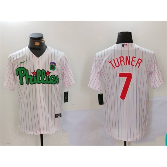 Men Philadelphia Phillies 7 Trea Turner White Green Cool Base Stitched Jersey Men Philadelphia Phillies 7 Trea Turner White Green Cool Base Stitched Jersey