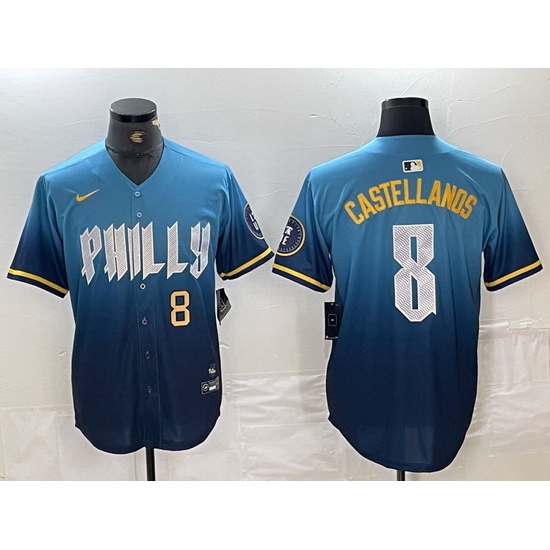 Men Philadelphia Phillies 8 Nick Castellanos Blue 2024 City Connect Limited Stitched Jersey 2 Men Philadelphia Phillies 8 Nick Castellanos Blue 2024 City Connect Limited Stitched Jersey 2