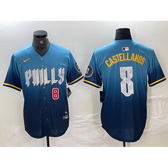 Men Philadelphia Phillies 8 Nick Castellanos Blue 2024 City Connect Limited Stitched Jersey 3 Men Philadelphia Phillies 8 Nick Castellanos Blue 2024 City Connect Limited Stitched Jersey 3