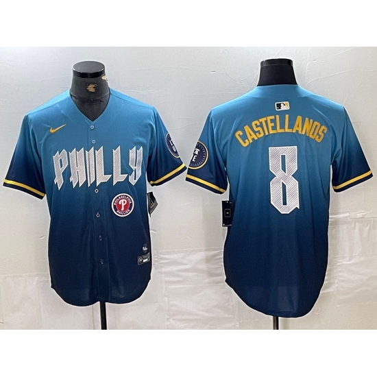 Men Philadelphia Phillies 8 Nick Castellanos Blue 2024 City Connect Limited Stitched Jersey 5 Men Philadelphia Phillies 8 Nick Castellanos Blue 2024 City Connect Limited Stitched Jersey 5