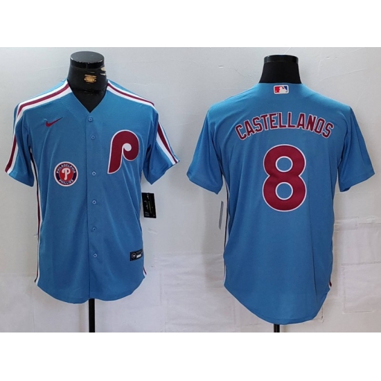 Men Philadelphia Phillies 8 Nick Castellanos Blue Cool Base Stitched Jersey 1 Men Philadelphia Phillies 8 Nick Castellanos Blue Cool Base Stitched Jersey 1