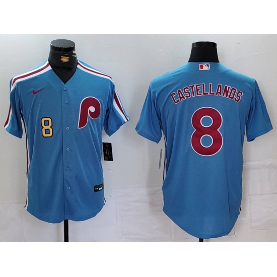 Men Philadelphia Phillies 8 Nick Castellanos Blue Cool Base Stitched Jersey 2 Men Philadelphia Phillies 8 Nick Castellanos Blue Cool Base Stitched Jersey 2