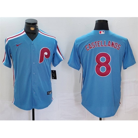Men Philadelphia Phillies 8 Nick Castellanos Blue Cool Base Stitched Jersey Men Philadelphia Phillies 8 Nick Castellanos Blue Cool Base Stitched Jersey