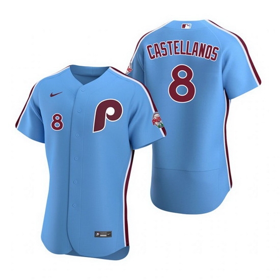 Men Philadelphia Phillies 8 Nick Castellanos Blue Flex Base Stitched Baseball jersey Men Philadelphia Phillies 8 Nick Castellanos Blue Flex Base Stitched Baseball jersey