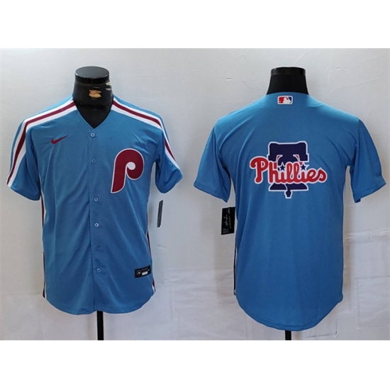 Men Philadelphia Phillies Team Big Logo Blue Cool Base Stitched Jersey 1 Men Philadelphia Phillies Team Big Logo Blue Cool Base Stitched Jersey 1