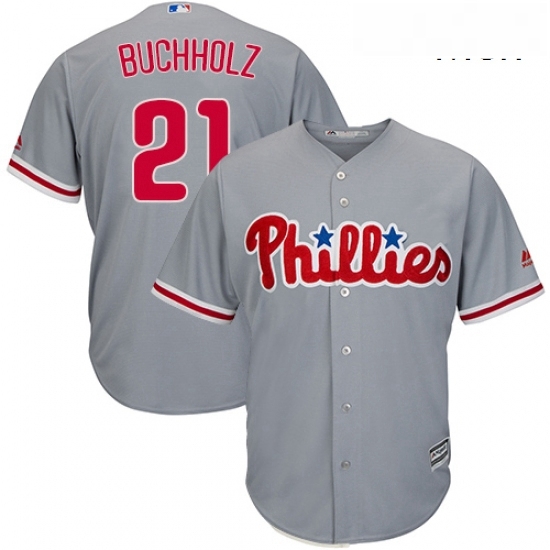 Mens Majestic Philadelphia Phillies 21 Clay Buchholz Replica Grey Road Cool Base MLB Jersey Mens Majestic Philadelphia Phillies 21 Clay Buchholz Replica Grey Road Cool Base MLB Jersey