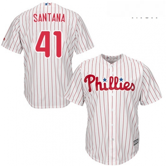 Mens Majestic Philadelphia Phillies 41 Carlos Santana Replica WhiteRed Strip Home Cool Base MLB Jersey Mens Majestic Philadelphia Phillies 41 Carlos Santana Replica WhiteRed Strip Home Cool Base MLB Jersey