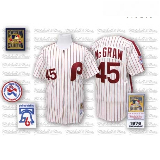 Mens Mitchell and Ness Philadelphia Phillies 45 Tug McGraw Authentic WhiteRed Strip Throwback MLB Jersey Mens Mitchell and Ness Philadelphia Phillies 45 Tug McGraw Authentic WhiteRed Strip Throwback MLB Jersey