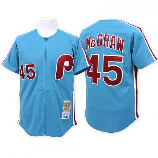 Mens Mitchell and Ness Philadelphia Phillies 45 Tug McGraw Replica Blue Throwback MLB Jersey Mens Mitchell and Ness Philadelphia Phillies 45 Tug McGraw Replica Blue Throwback MLB Jersey