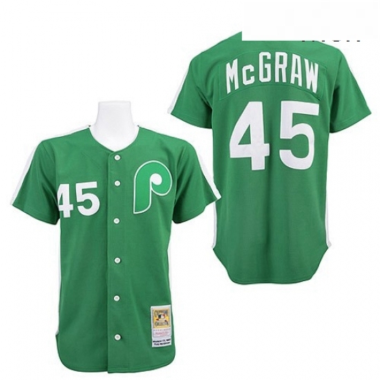 Mens Mitchell and Ness Philadelphia Phillies 45 Tug McGraw Replica Green Throwback MLB Jersey Mens Mitchell and Ness Philadelphia Phillies 45 Tug McGraw Replica Green Throwback MLB Jersey